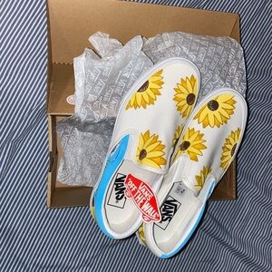 Custom Vans White Slip-Ons with Yellow Sunflower Design